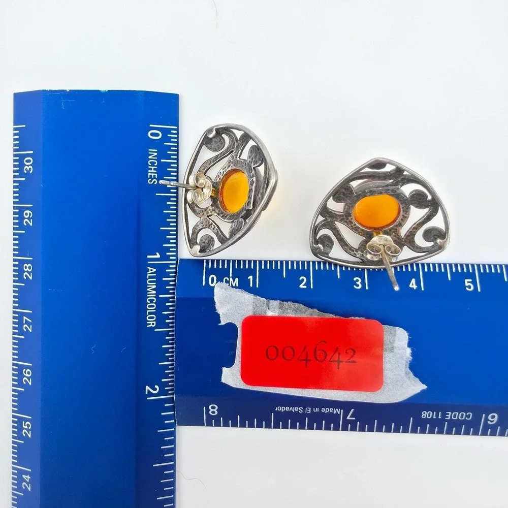 SILPADA Amber Earrings 925 Sterling Silver Post Cabochons Open Scrollwork 1